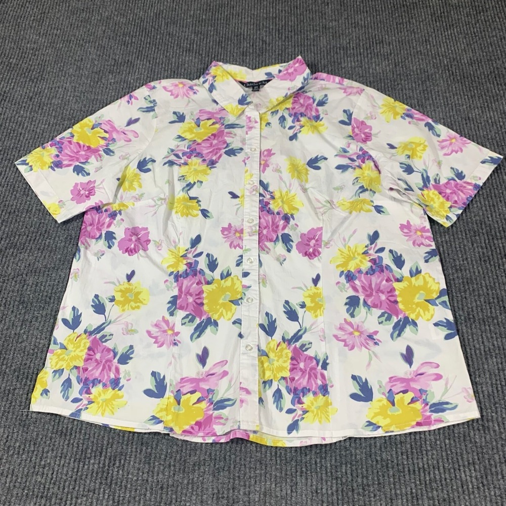 Chadwicks Top Womens 18 W White Floral Button Up Short Sleeve Cotton Casual NWOT